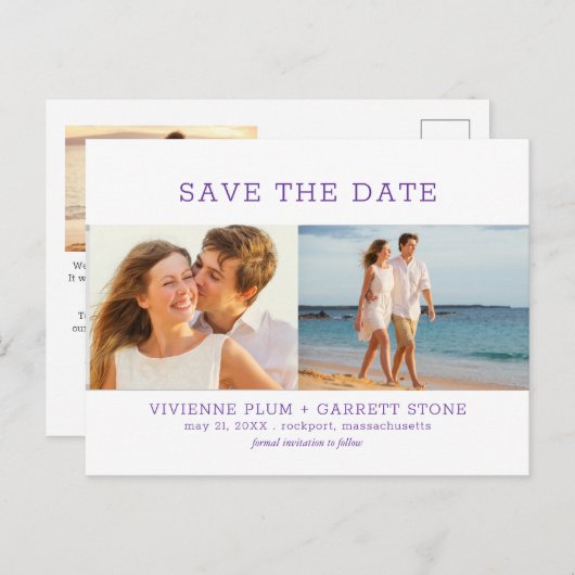 紫王室の文字3写真結婚式の日付を保存 案内ポストカード (正面/裏面)