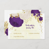 紫王室の白の花の金ゴールド結婚植物 出欠カード (正面/裏面)