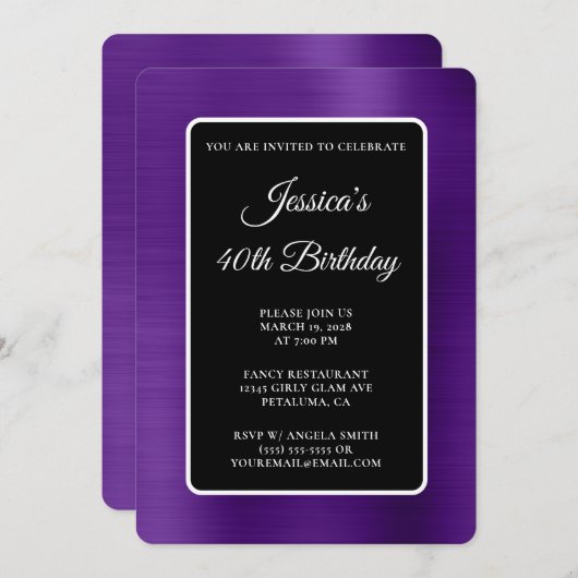 紫王室の箔ブラックとホワイト40歳の誕生日 招待状 (正面/裏面)