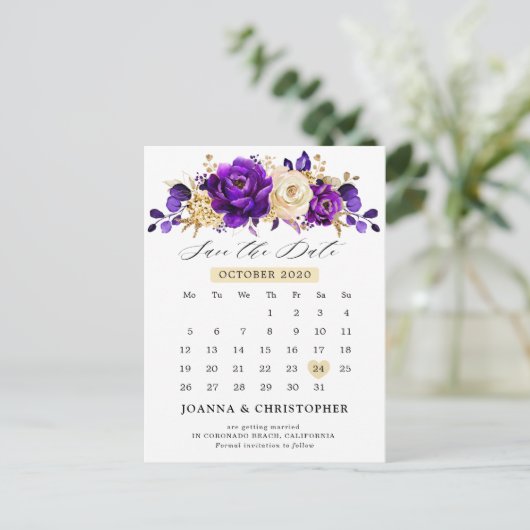 紫王室の紫の紫の金ゴールドフローラ日付を保存 ポストカード (スタンド正面)