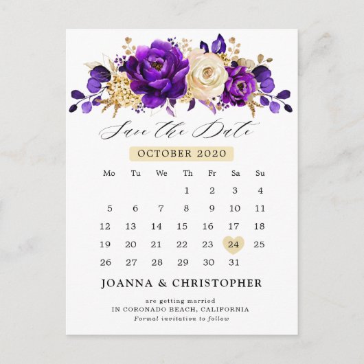 紫王室の紫の紫の金ゴールドフローラ日付を保存 ポストカード (正面)