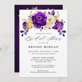 紫王室の紫バイオレット金ゴールドフローラブライダルシャワー 招待状 (正面/裏面)