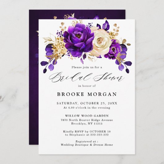 紫王室の紫バイオレット金ゴールドフローラブライダルシャワー 招待状 (正面/裏面)
