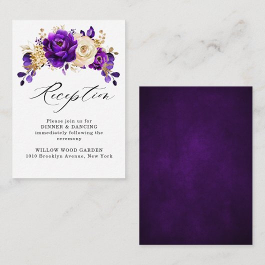 紫王室の紫バイオレット金ゴールドフローラ結婚ズ エンクロージャーカード (正面/裏面)