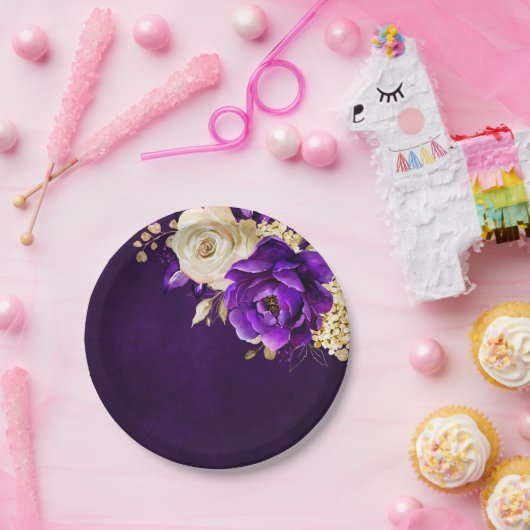 紫王室の紫バイオレット金ゴールドフローラ結婚ズ ペーパープレート (パーティー)