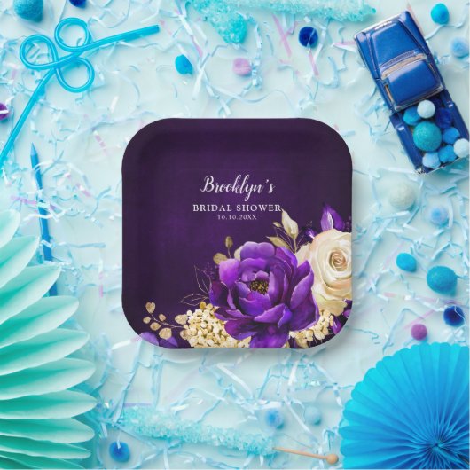 紫王室の紫バイオレット金ゴールドフローラ結婚ズ ペーパープレート (パーティー)