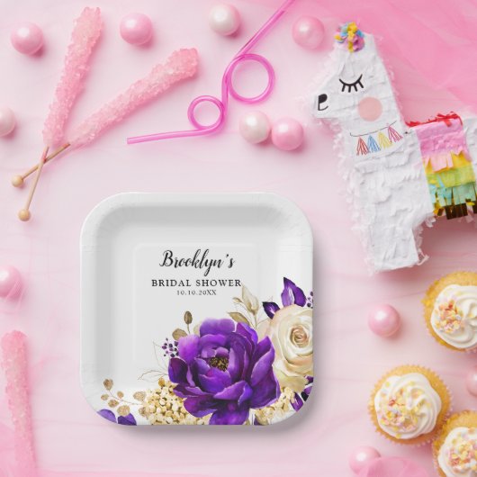 紫王室の紫バイオレット金ゴールドフローラ結婚ズ  ペーパープレート (パーティー)