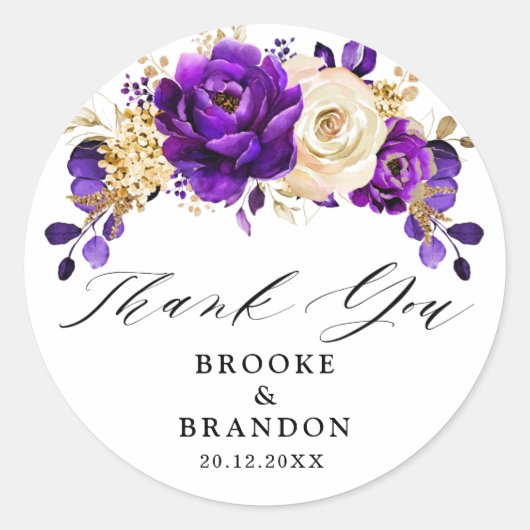 紫王室の紫バイオレット金ゴールドフローラ結婚ズ ラウンドシール (正面)