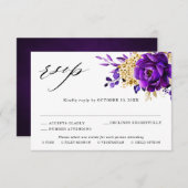 紫王室の紫バイオレット金ゴールドフローラ結婚ズ 出欠カード (正面/裏面)