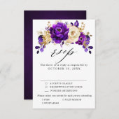紫王室の紫バイオレット金ゴールドフローラ結婚ズ 出欠カード (正面/裏面)