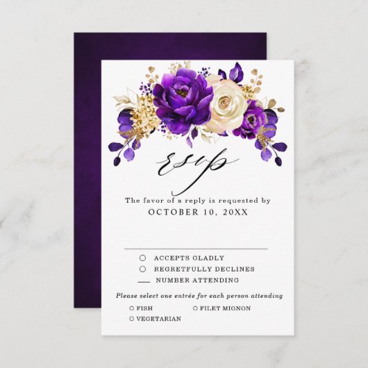 紫王室の紫バイオレット金ゴールドフローラ結婚ズ 出欠カード (正面/裏面)