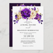 紫王室の紫バイオレット金ゴールドフローラ結婚ズ 招待状 (正面/裏面)