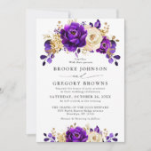 紫王室の紫バイオレット金ゴールドフローラ結婚ズ 招待状 (正面)