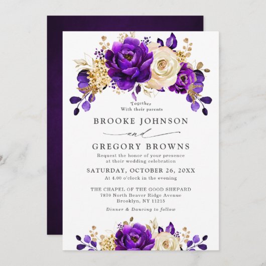 紫王室の紫バイオレット金ゴールドフローラ結婚ズ 招待状 (正面/裏面)