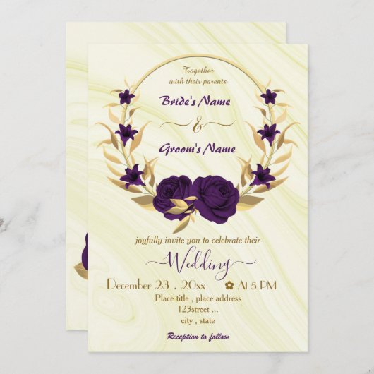 紫王室の花金ゴールドリース 招待状 (正面/裏面)