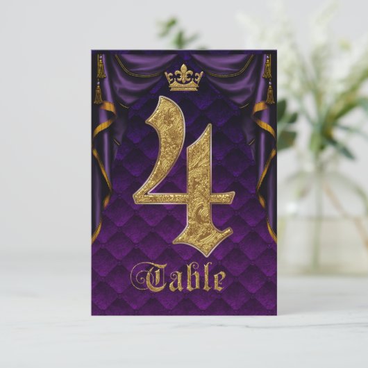 紫王室の金ゴールドクラウン結婚のテーブル番号4 招待状 (スタンド正面)