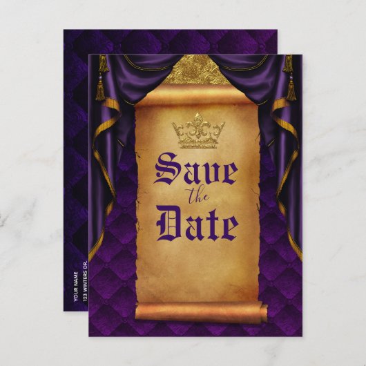 紫王室の金ゴールドドレープ結婚スの日救付 案内ポストカード (正面/裏面)
