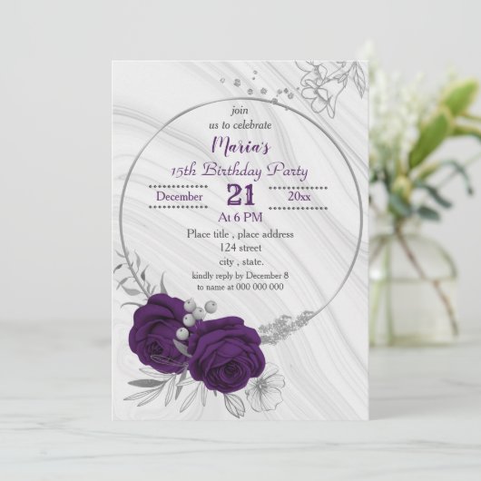 紫王室の銀フローラ幾何学誕生日 招待状 (スタンド正面)