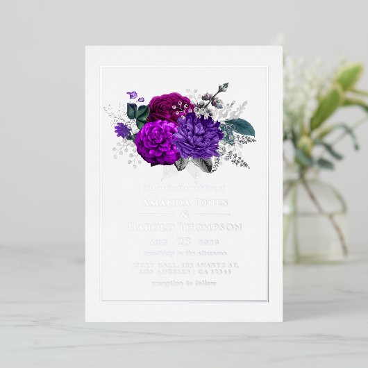紫王室の銀フローラ結婚ズ 箔招待状 (立ち正面)