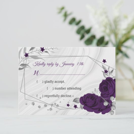 紫王室の銀灰色フローラ幾何学模様 出欠カード (スタンド正面)