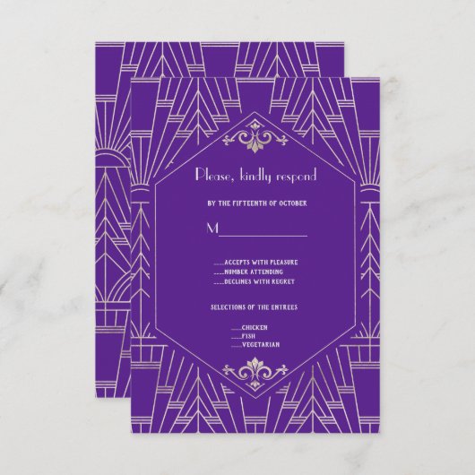 紫王室の銀20素晴らしsウェディングRSVP 出欠カード (正面/裏面)