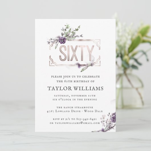 紫王室の|フローラフォイ華美ルフレーム誕生日 招待状 (スタンド正面)