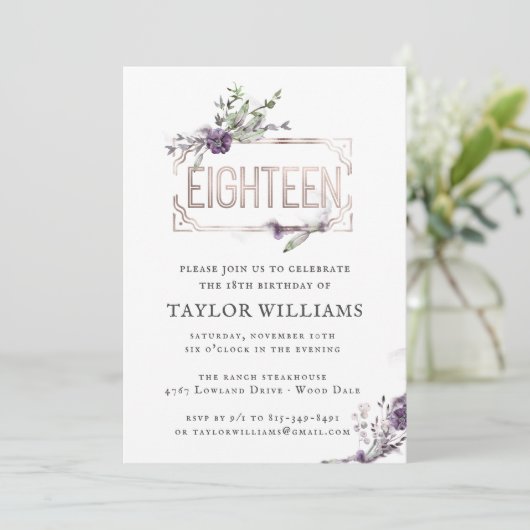 紫王室の | フローラ華美フォイルフレーム誕生日 招待状 (スタンド正面)