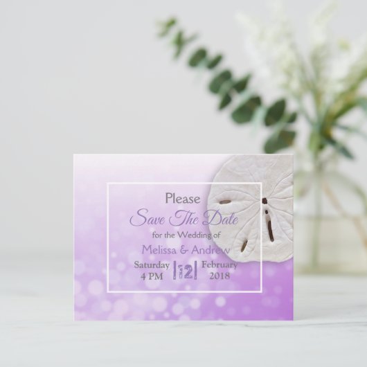 紫砂ドルをテーマにした結婚式の日付を保存 案内ポストカード (スタンド正面)