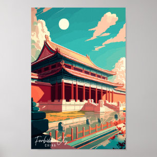 紫禁城中国ヴィンテージ旅行イラストレーション ポスター