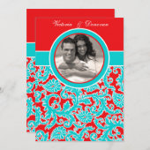 紫系統の白いダマスク織の写真の結婚式招待状 招待状 (正面/裏面)