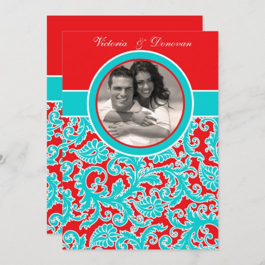 紫系統の白いダマスク織の写真の結婚式招待状 招待状 (正面/裏面)