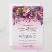 紫紅梅バラ結婚のテンプレート 招待状 (正面)