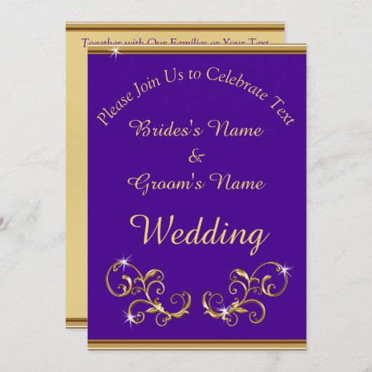 紫素晴らしと王室の金ゴールドの結婚式招待状 招待状 (正面/裏面)