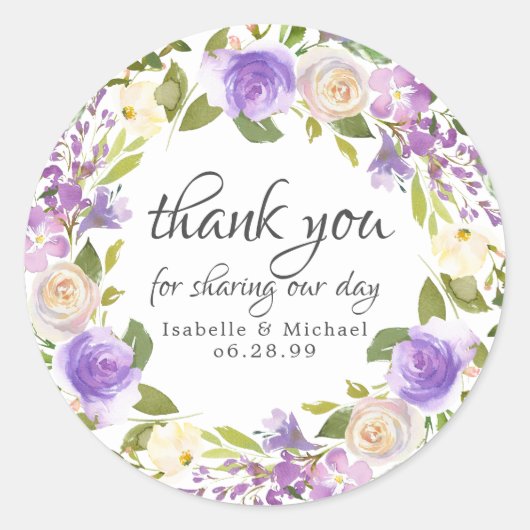 紫素朴とアイボリーフローラありがとうござ結婚う ラウンドシール (正面)