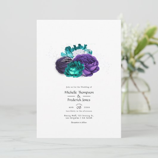 紫素朴とターコイズのフローラ結婚 招待状 (スタンド正面)