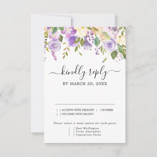 紫素朴と白のRSVPカード、食事オプション 出欠カード (正面)