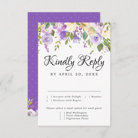 紫素朴と白のRSVPカード、食事オプション 出欠カード (正面/裏面)