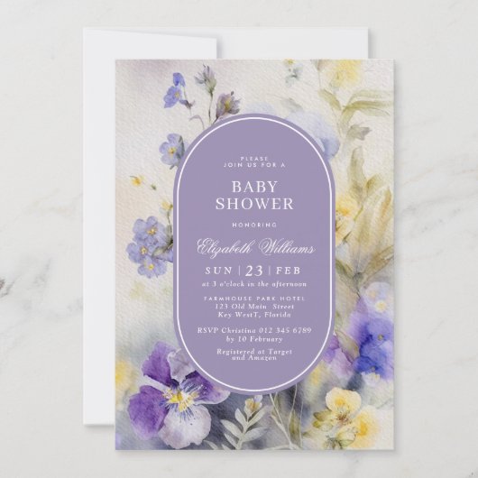 紫素朴と黄色の花赤ちゃんシャワー 招待状 (正面)