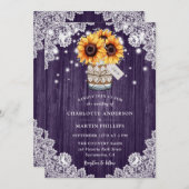 紫素朴の木のメイソンの瓶ひまわり結婚の 招待状 (正面/裏面)