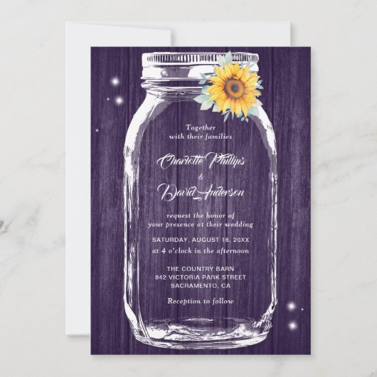 紫素朴の木のメイソンの瓶ひまわり結婚の 招待状 (正面)