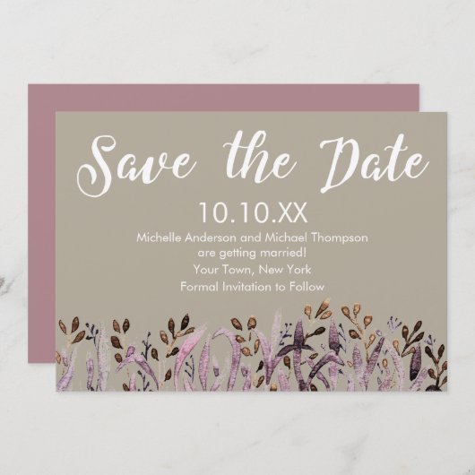 紫素朴の葉が日付を保存 招待状 (正面/裏面)