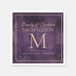 紫素朴エレガント金ゴールドモノグラ結婚ム スタンダードカクテルナプキン
