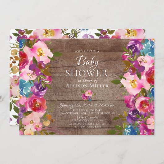 紫素朴ピンクフローラベビーシャワー招待状 招待状 (正面/裏面)