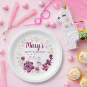 紫素朴ピンクフローラ100誕生日 ペーパープレート (パーティー)