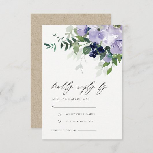 紫素朴紫フローラリーフィウェディングRSVP エンクロージャーカード (正面/裏面)