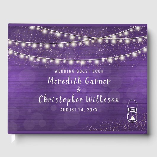 紫素朴色の木のメイスンジャーのストリングラ結婚イト ゲストブック (正面)