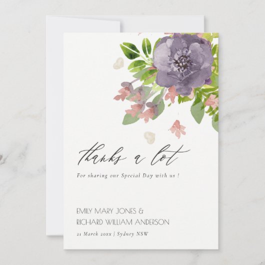 紫素朴色ピンクの野生の花と葉ありがとう サンキューカード (正面)