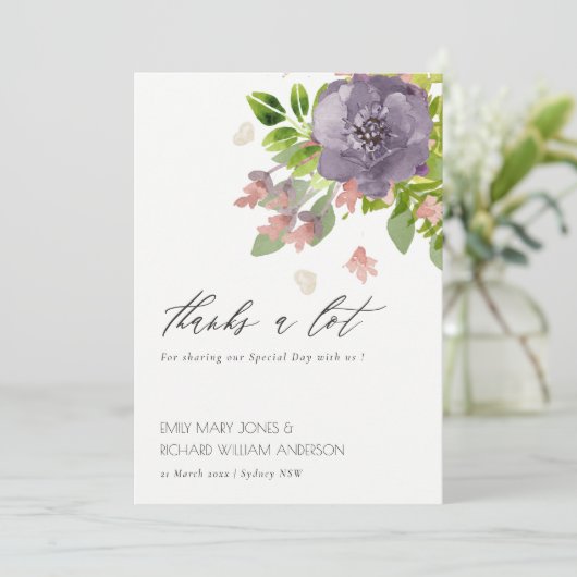 紫素朴色ピンクの野生の花と葉ありがとう サンキューカード (スタンド正面)