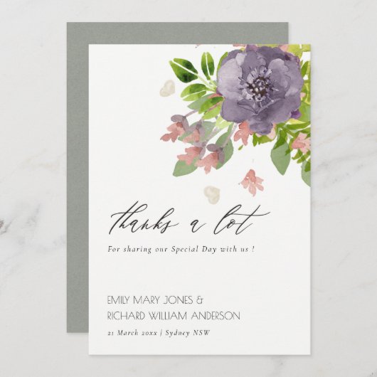 紫素朴色ピンクの野生の花と葉ありがとう サンキューカード (正面/裏面)