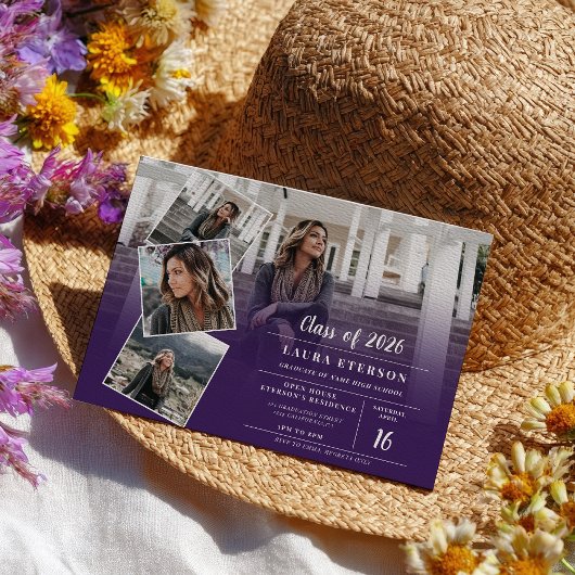 紫紫モダン紫色ミニマル写真卒業 招待状
